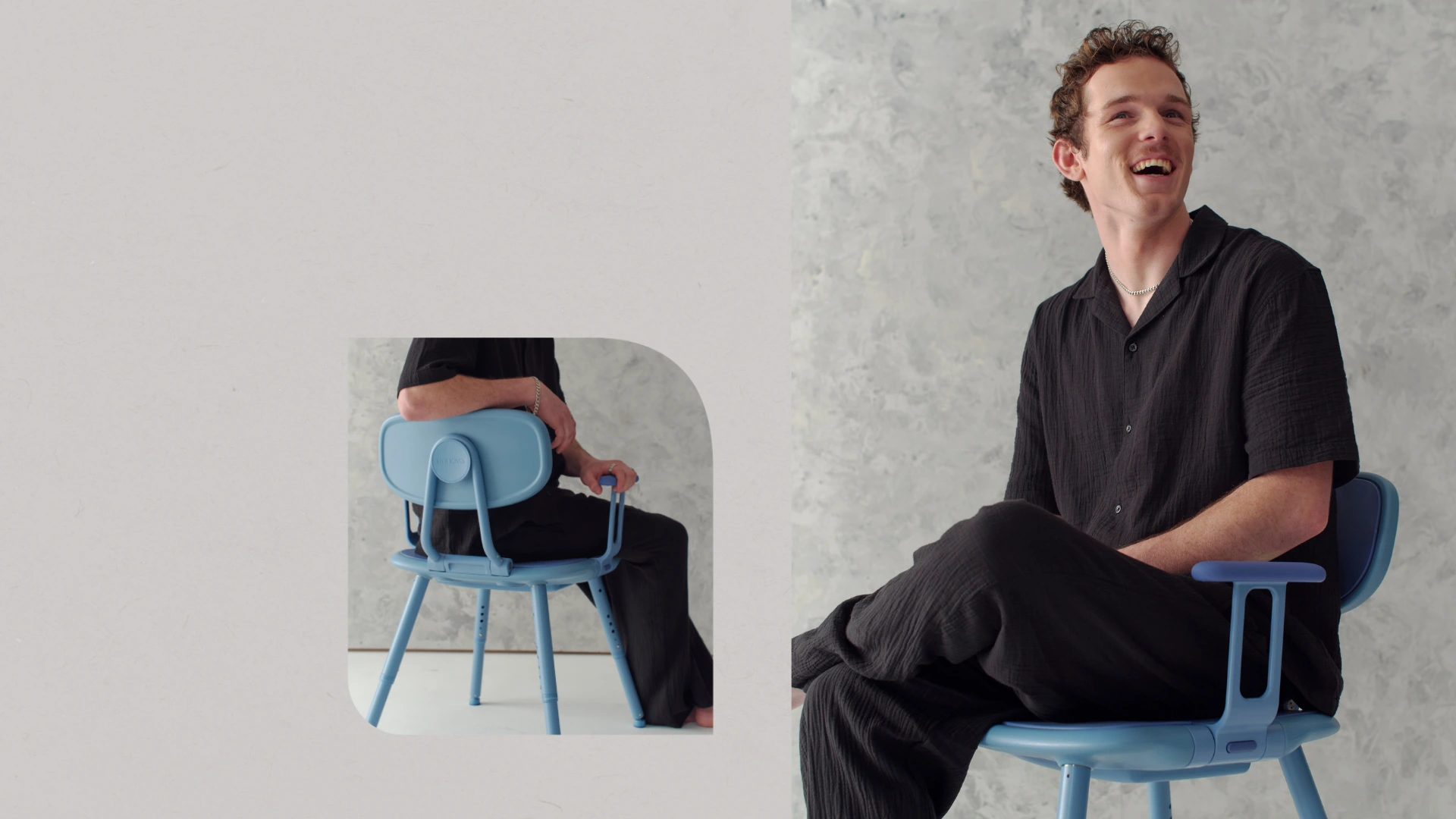 Left, the back of a blue shower chair is shown. (Fletch, right) Man with light brown hair is sitting in a blue shower chair.