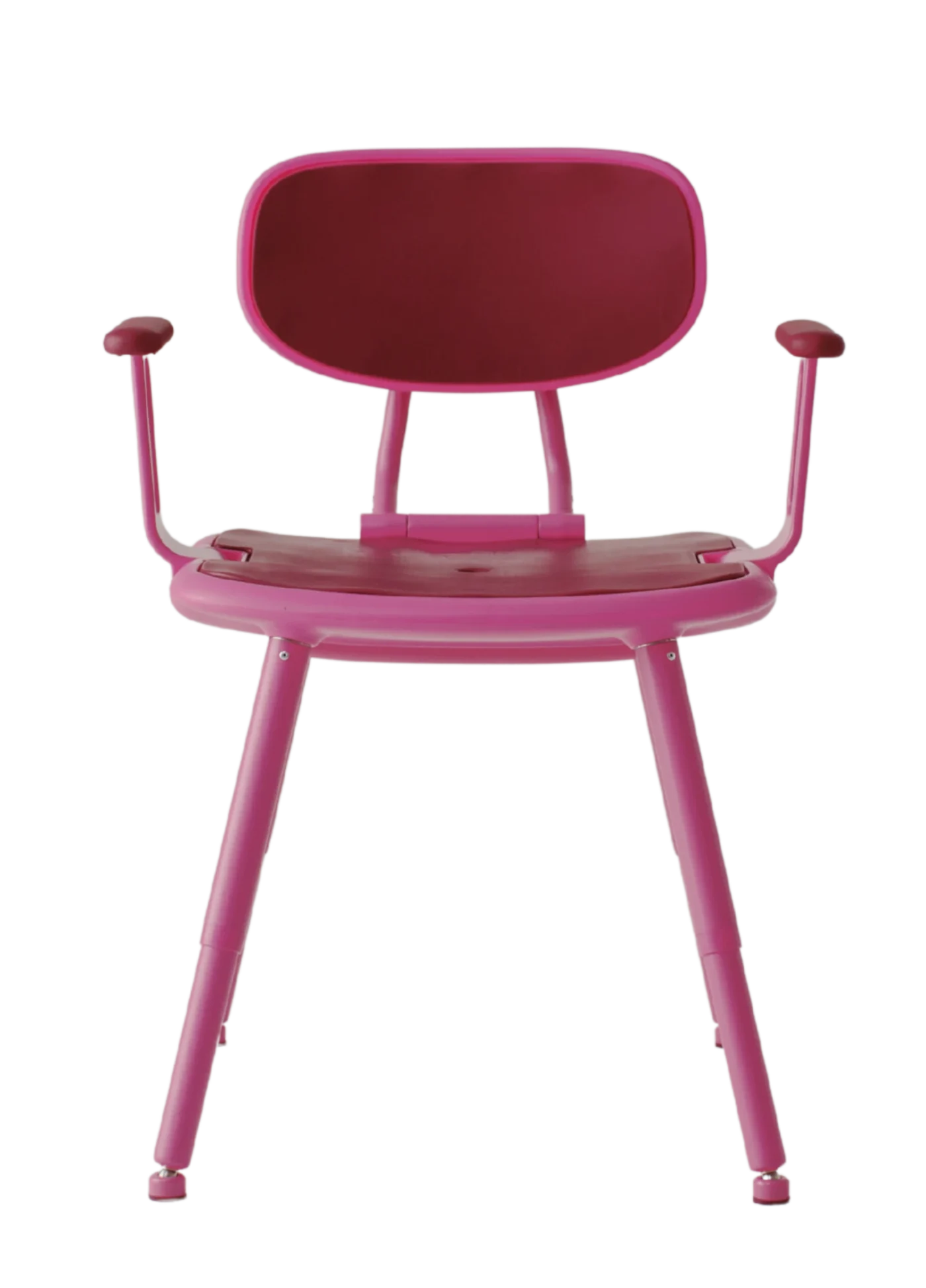Front view: Front view of a pink height-adjustable shower chair with a padded backrest and seat, raised armrests and four splayed legs with non-slip feet.