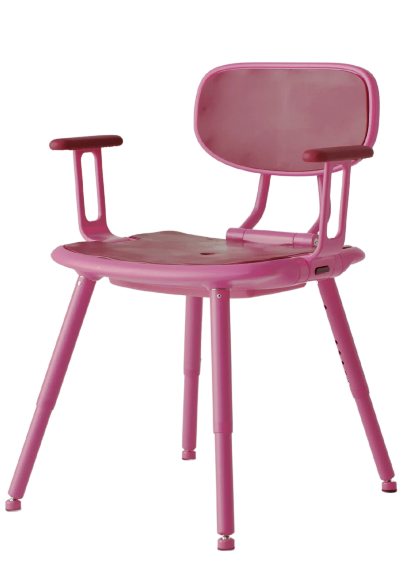 Left angled view: Three-quarter front view of a pink shower chair with a padded seat and backrest, supportive armrests and height-adjustable legs.