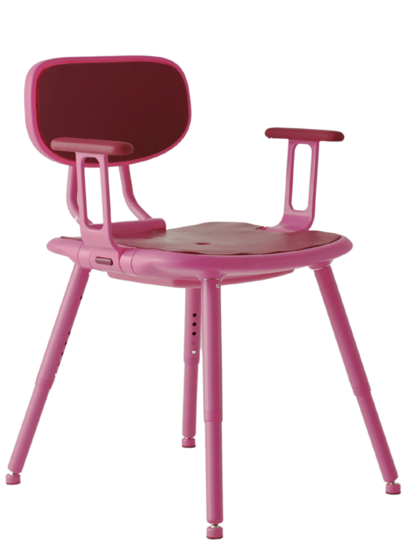 Right angled view: Three-quarter front view from the opposite side of the pink shower chair, showing its padded seat and backrest, armrests and height-adjustable legs.