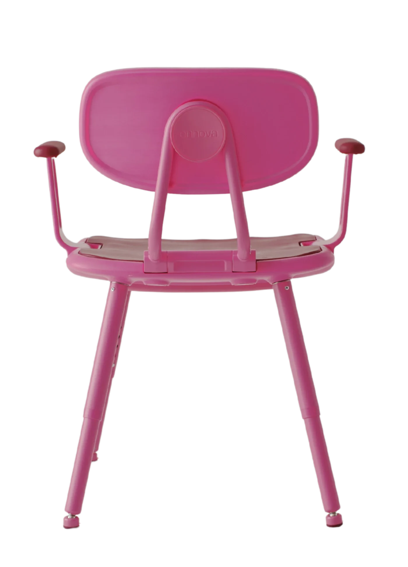 Rear view: Rear view of a pink height-adjustable shower chair with a wide backrest, padded seat, armrests and four legs with non-slip feet.