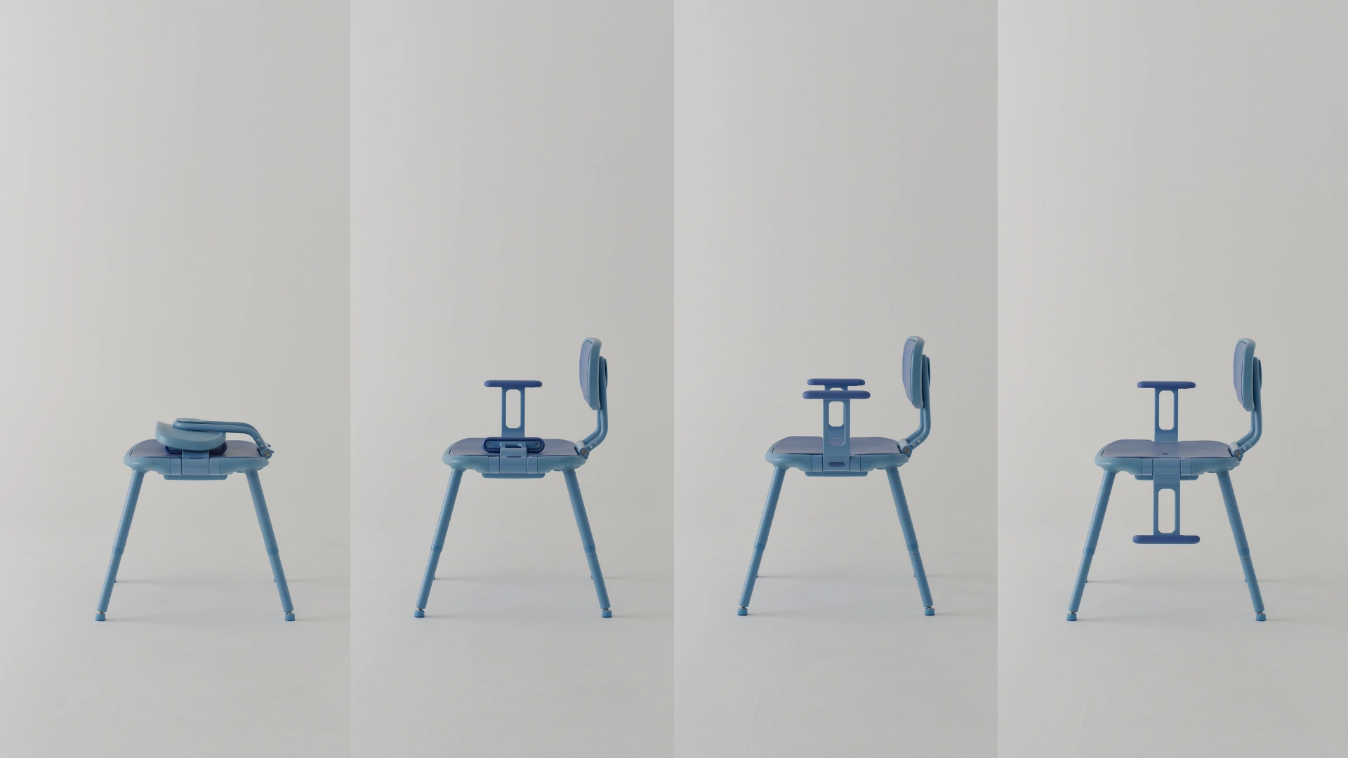 Four blue shower chairs side by side