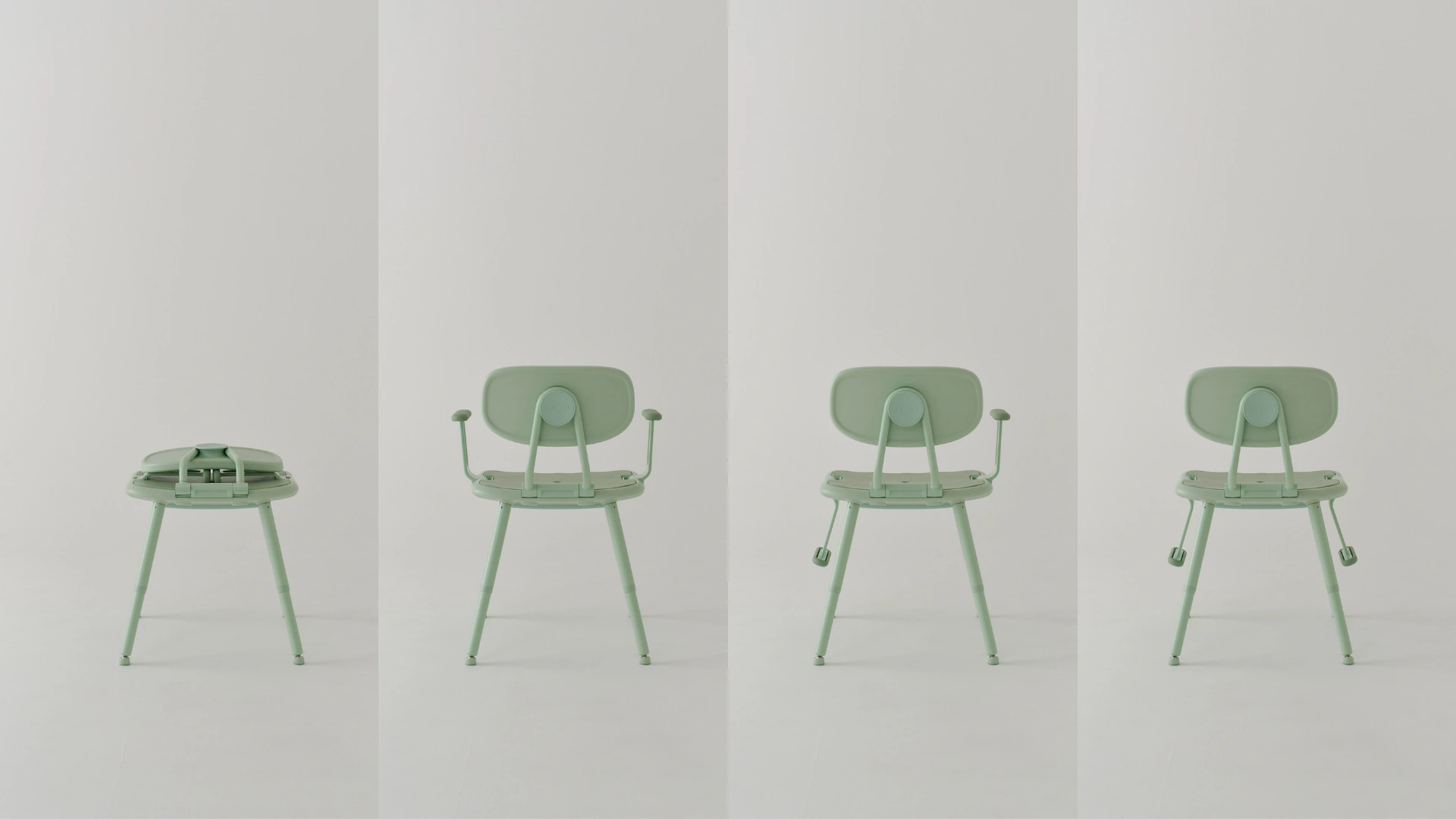 Four Green Shower Chairs side by side.