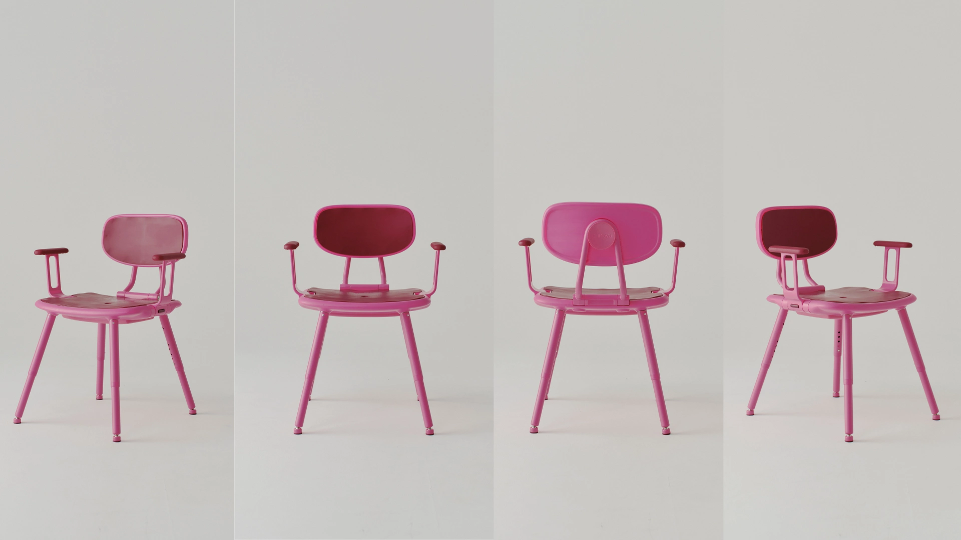 Four Pink Shower Chairs side by side.